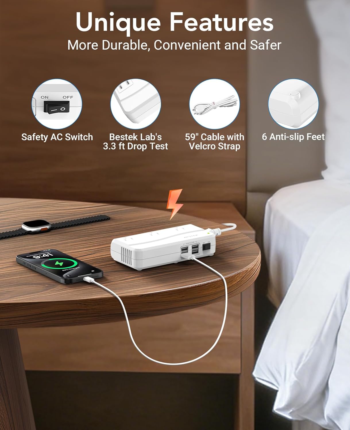 BESTEK Universal Travel Adapter 220V to 110V Voltage Converter with 0-2.4A 4 Port USB Charging and UK/AU/US/EU Worldwide Plug Adapter (White) - Image 4