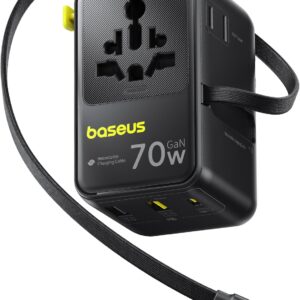 Baseus 70W Universal Travel Adapter, 6-in-1 International Plug Adapter with Retractable Cable, USB-C PD Fast Charging Worldwide Wall Charger for USA/EU/UK/AUS and Over 200 Countries – Enercore CG11